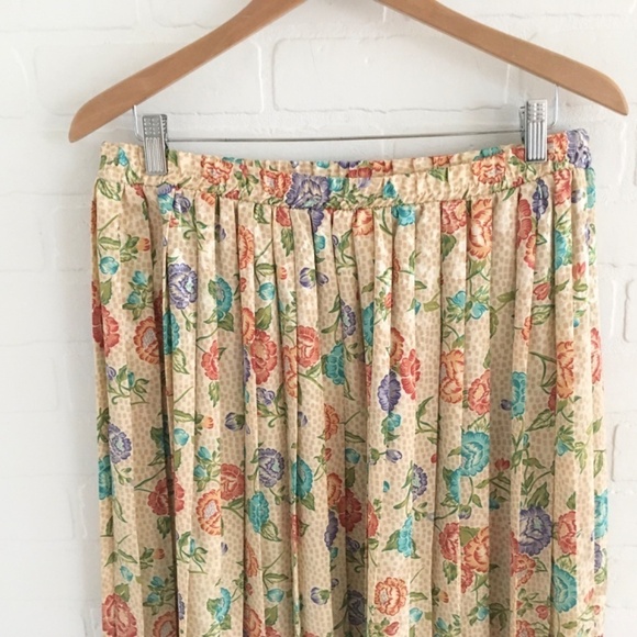 Vintage Midi skirt Pleated Satin Floral print Fairy Cream Peach Aqua purple L - Picture 10 of 12